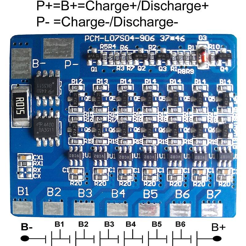 7S 4A PCM BMS para 24V 25.2V 25.9V Li-Ion / Litio / Li-Polymer 21V 22.4V LiFePO4 Battery Pack Tama&ntilde;o L37 * 46 * T4MM (PCM-L07S04-906)