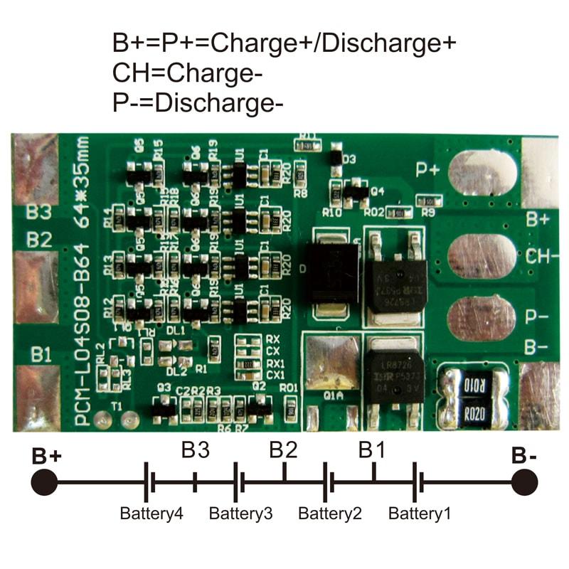 3s/4s C: 5A D: 10A PCM BMS para 14.4V 14.8V Li-ion/Litio/Li-Polymer 12V 12.8V LiFePO4 Tamaño del paquete de baterías L64*W35*T4mm (PCM-L04S08-B64)