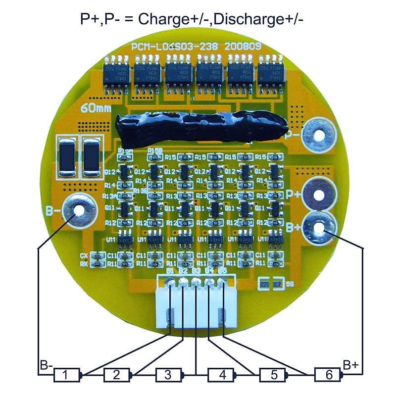 5S ~ 6S 10A PCM Circular BMS para 21.6V 22.2V Li-Ion / Litio / Li-Polymer 18V 19.2V LiFePO4 Tamaño del paquete de baterías φ 60mm (PCM-LI06S3-238)