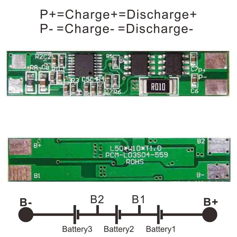 3s 4A PCM BMS para 10.8V 11.1V 12V Li-ion/Litio/Li-Polymer 9V 9.6V LiFePO4 Tamaño del paquete de baterías L50*W10*T3mm (PCM-L03S04-559)