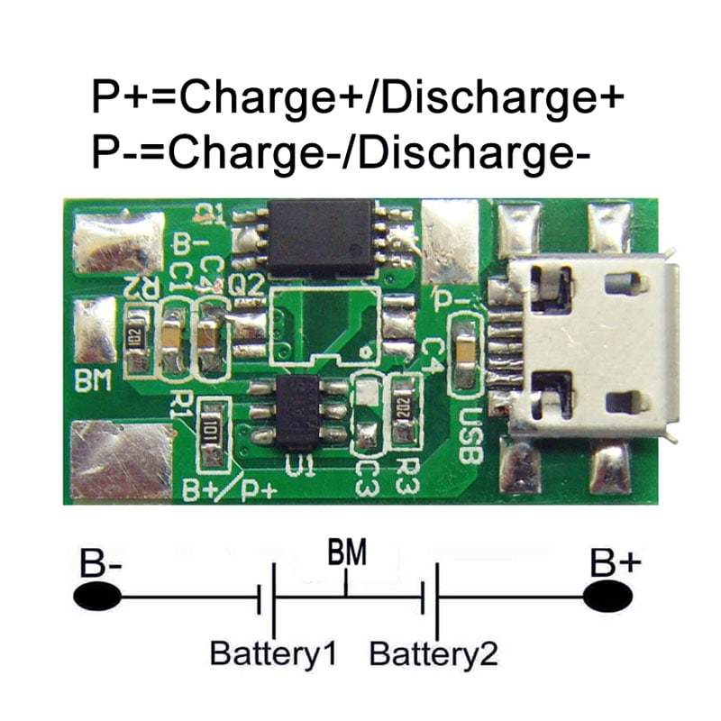 2s 5A PCM BMS para 7.2V 7.4V Li-ion/Litio/Li-Polymer 6V 6.4V LiFePO4 Batería con USB Tamaño L25*W13*T5mm (PCM-L02S05-803)