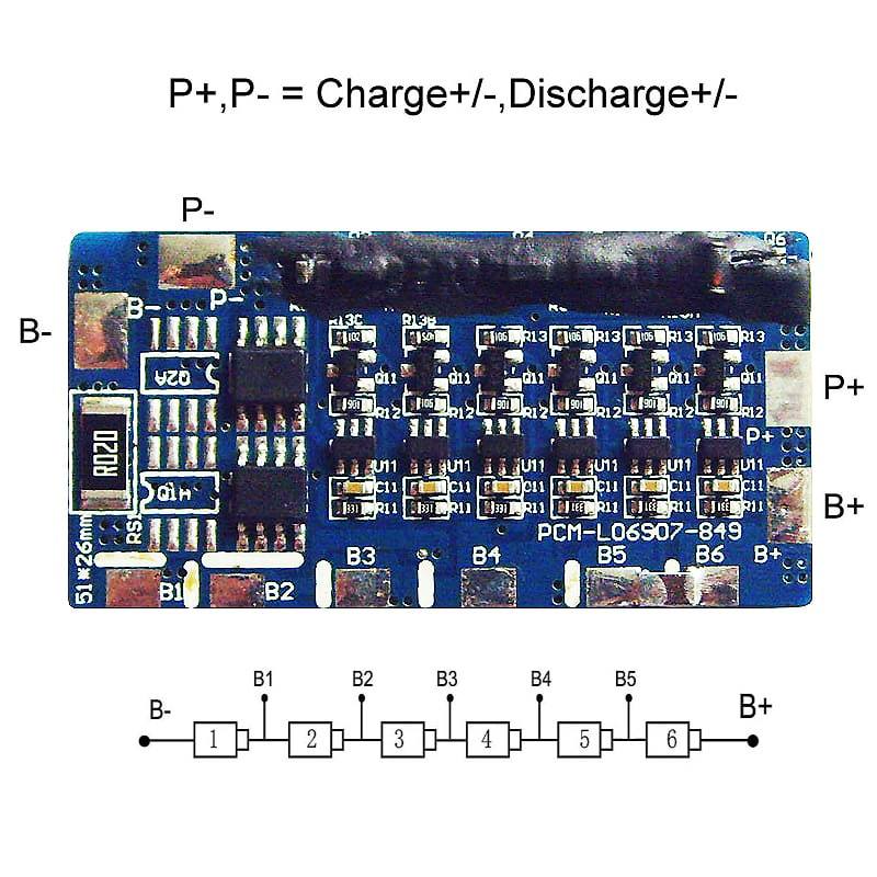 6S 6A PCM BMS para 21.6V 22.2V Li-Ion / Litio / Li-Polymer 18V 19.2V LiFePO4 Battery Pack Tama&ntilde;o L51 * W26 * T4MM (PCM-L06S07-849)